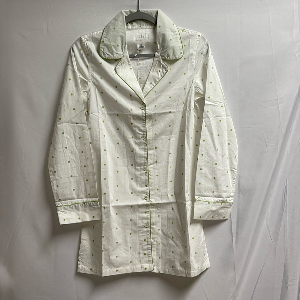 Three J NYC Button Sleep Shirt Polka Dot 100% Cotton White/Green Size XS NWT!